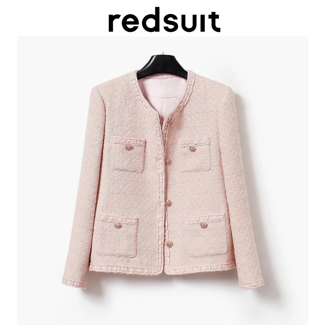 redsuit 法式浪漫粉调四口袋单排扣粗花呢小香风外套宽松百搭上衣