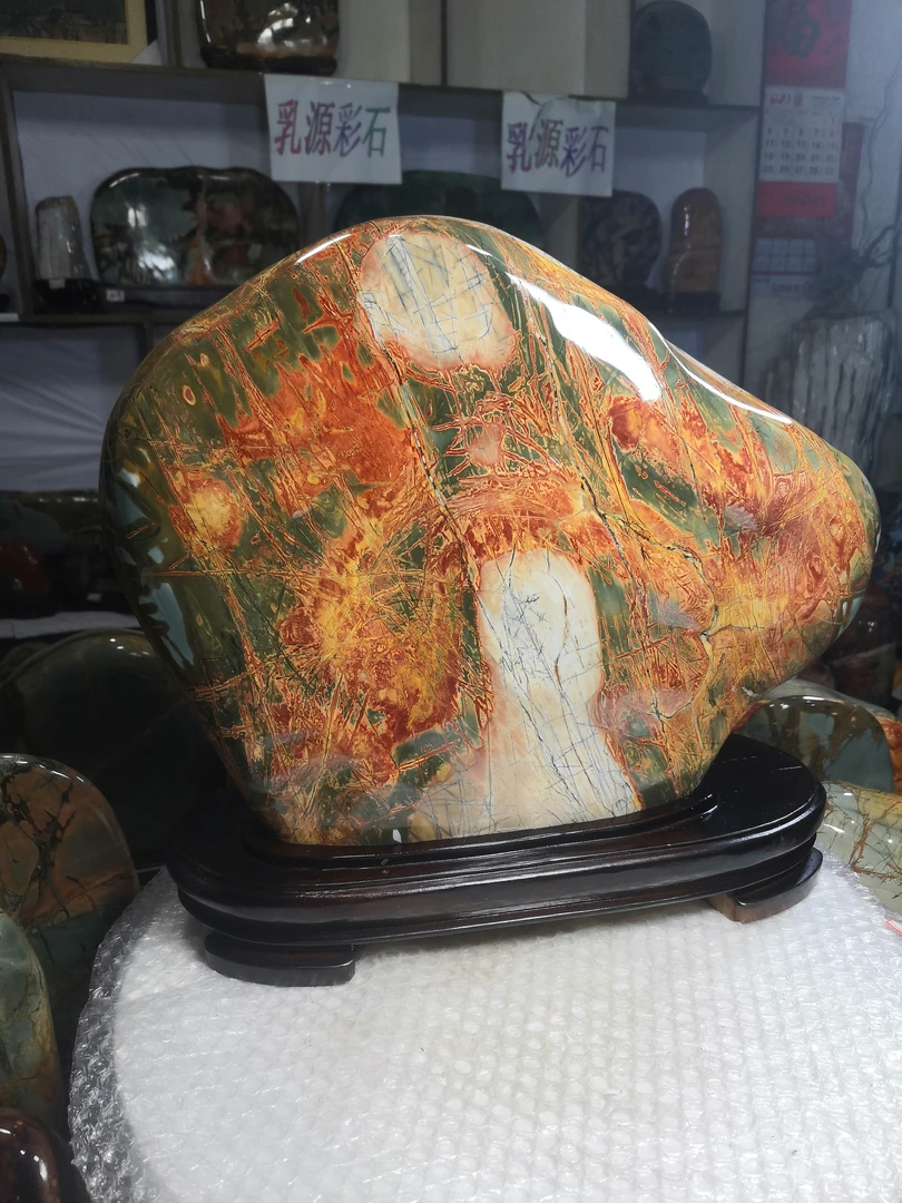 奇石红色大摆件客厅异形家居装饰摆件玄关工艺品室内创意乳源彩石