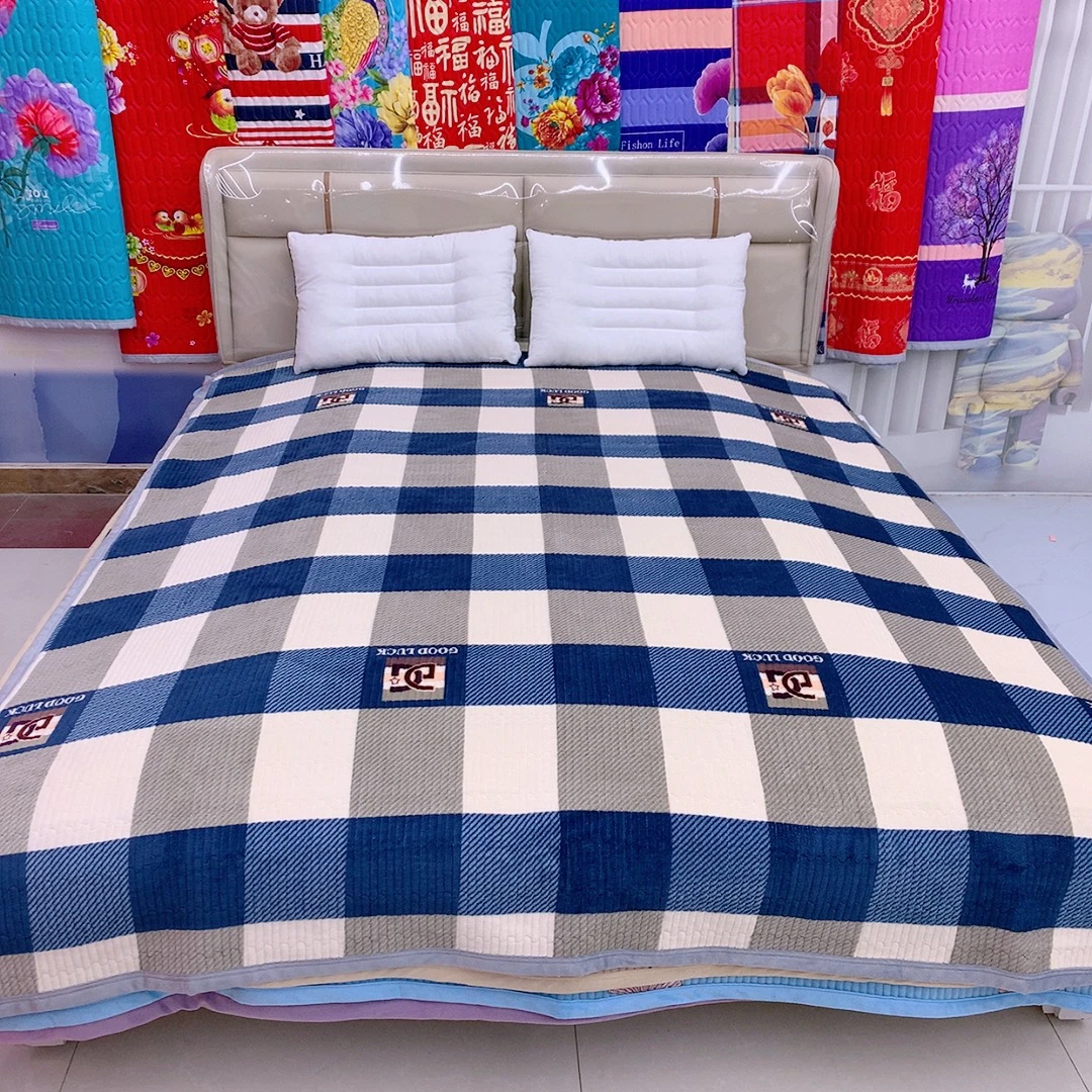 【加绒加厚床盖】蓝大格 牛奶绒夹棉加厚冬季保暖可机洗