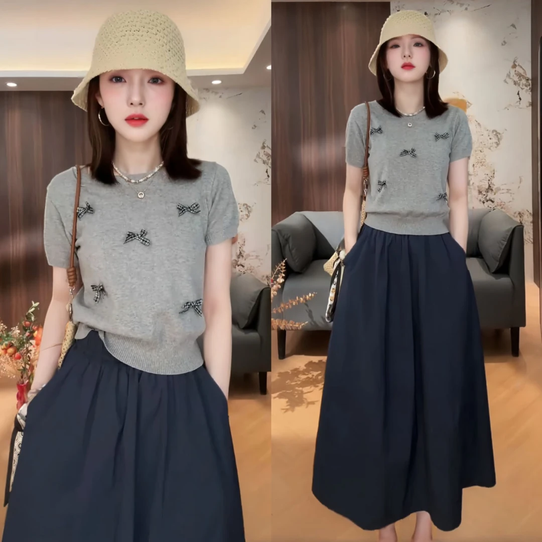 夏季新款气质减龄蝴蝶结薄款圆领针织上衣+中长款A字半身裙套装女