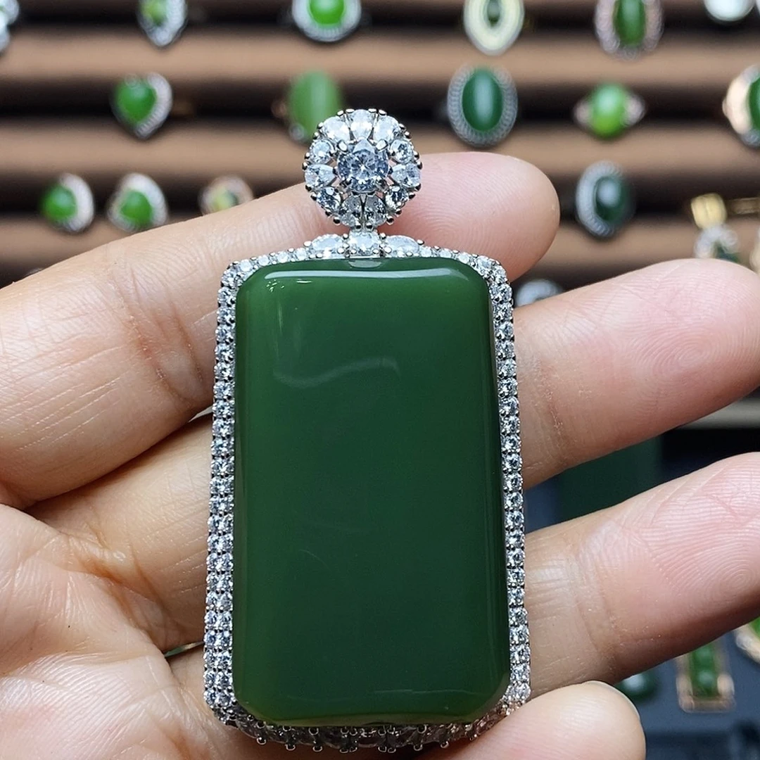 吊坠(不含链)银S925镶嵌和田玉（碧玉）