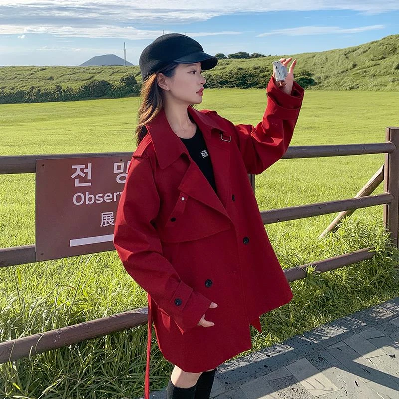 红色短款复古风衣女2024春秋新款英伦风高级感小个子宽松显瘦外套