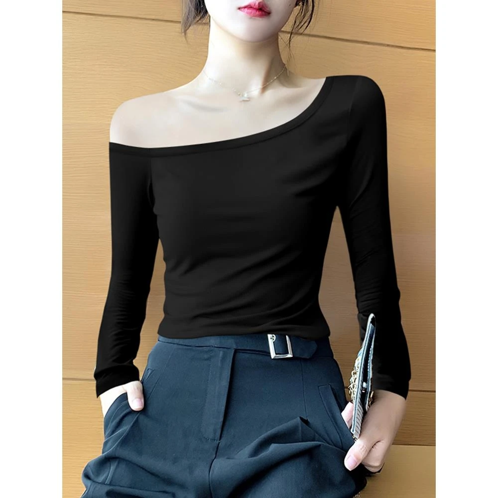 黑色斜露肩长袖T恤女设计感小众紧身内搭打底衫辣妹收腰别致上衣