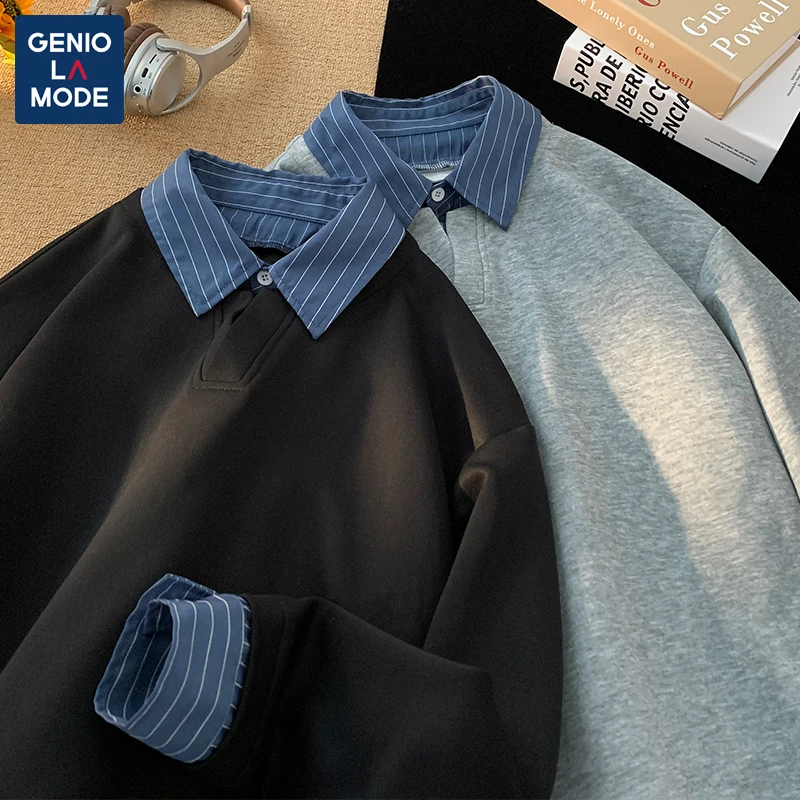 GENIO LAMODE假两件卫衣男女春秋季宽松复古港风格纹长袖百搭上衣