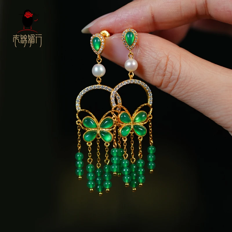 925银耳饰 衣锦媚行 925银镀金镶嵌蝴蝶流苏耳环日常百搭