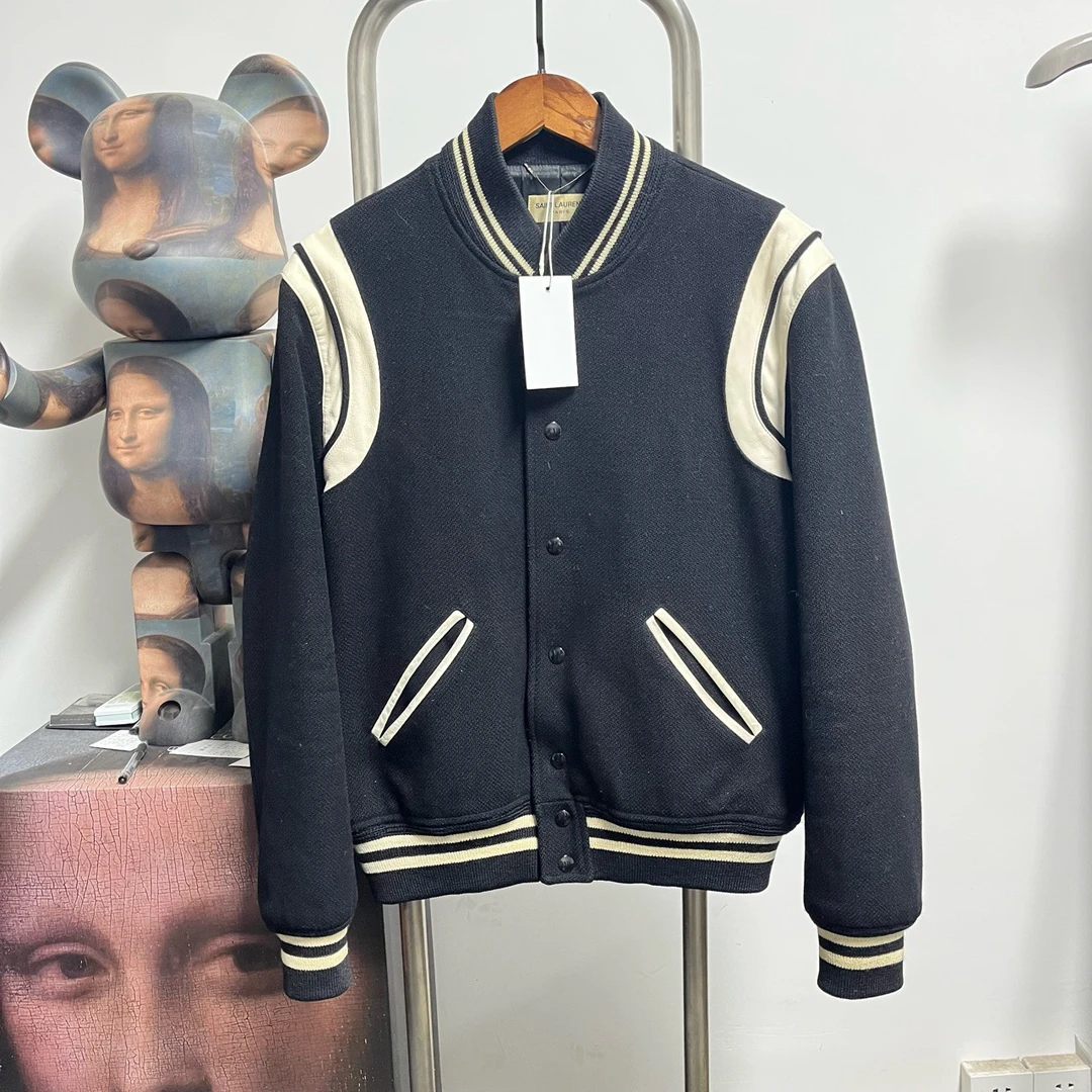 95新 YSL/圣罗兰 羊毛拼皮外套M0114尺码：50衣长64胸围60