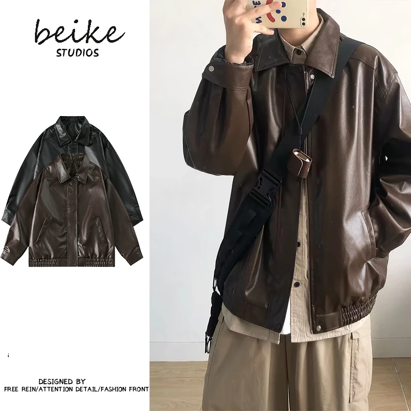 2025新款日系复古纯色机车PU皮衣夹克男女情侣翻领春秋外套夹克男