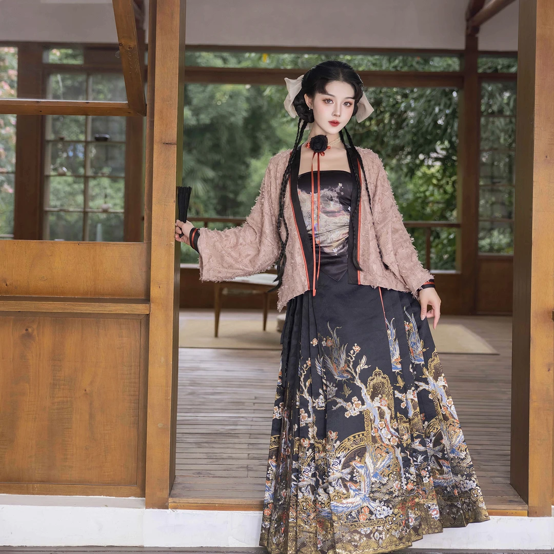 造镜集【花鸟浮生】新中式短马面裙织金仿妆花织锦缎汉元素