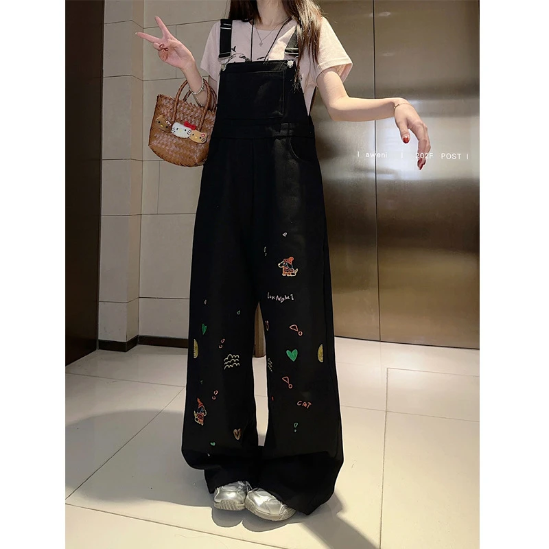 【奶酪陷阱】重工童趣刺绣背带裤夏休闲宽松显瘦黑色直筒百搭阔腿裤