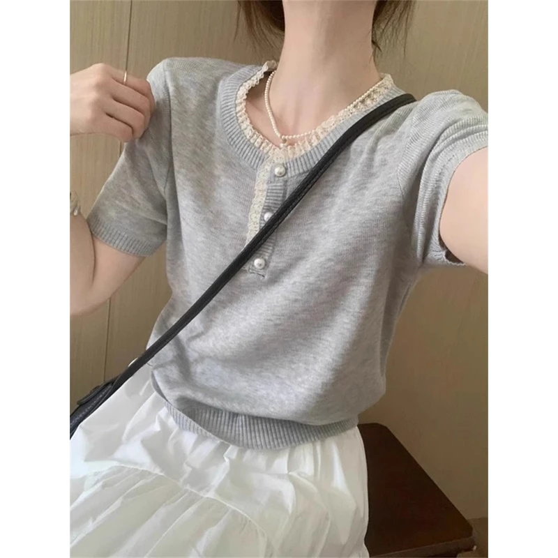 法式洋气蕾丝花边针织短袖T恤女装2025夏季新款网红时尚薄款上衣