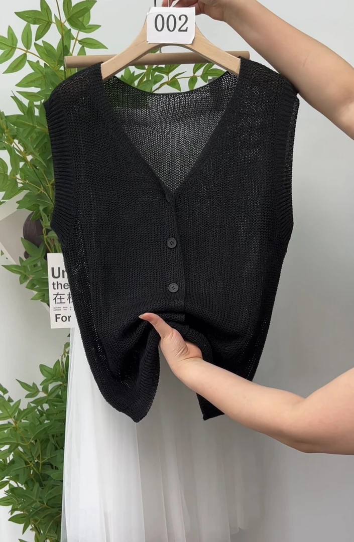 安晴背心开衫女装夏季无袖清凉透气冰丝亚麻针织衫黑色简约条纹