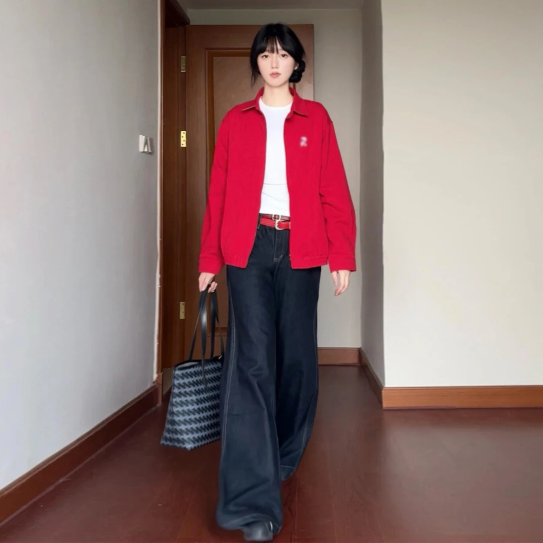 红色复古外套女款2025新款oversize美式早秋季穿搭休闲百搭夹克