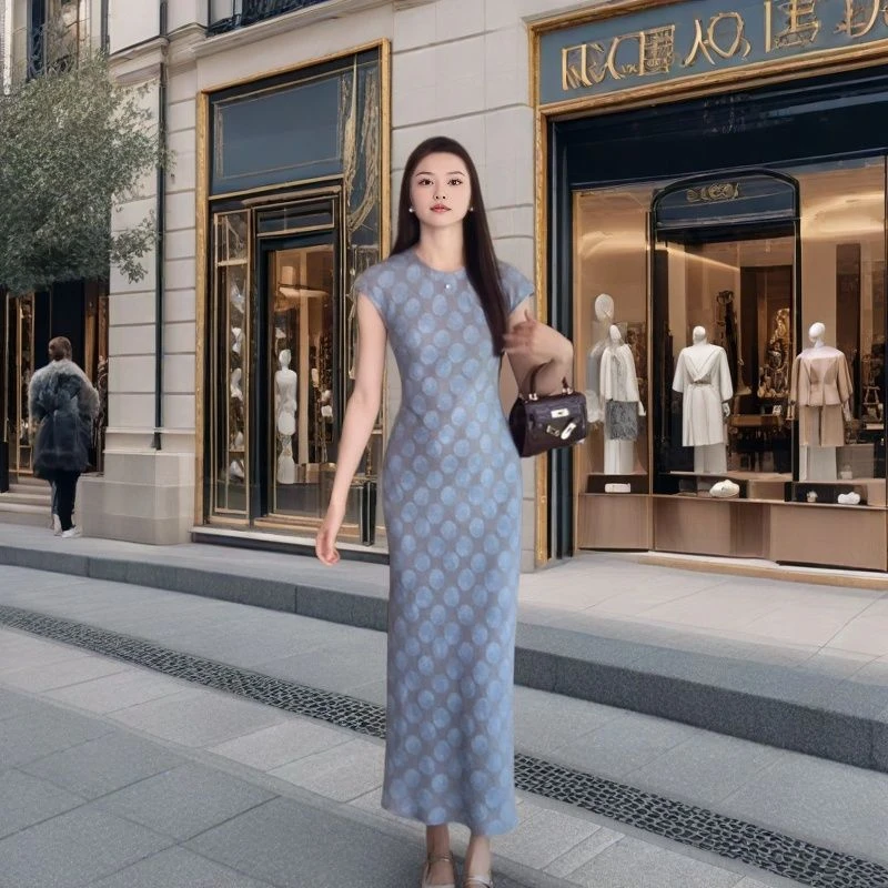 亚麻新中式极简气质优雅收腰显瘦简约连衣裙2025蓝色韩版裙子