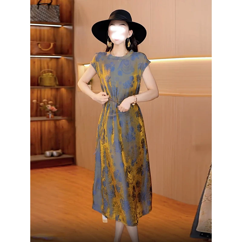 新中式复古提花连衣裙女2025新款夏季短袖高端气质收腰显瘦中长裙