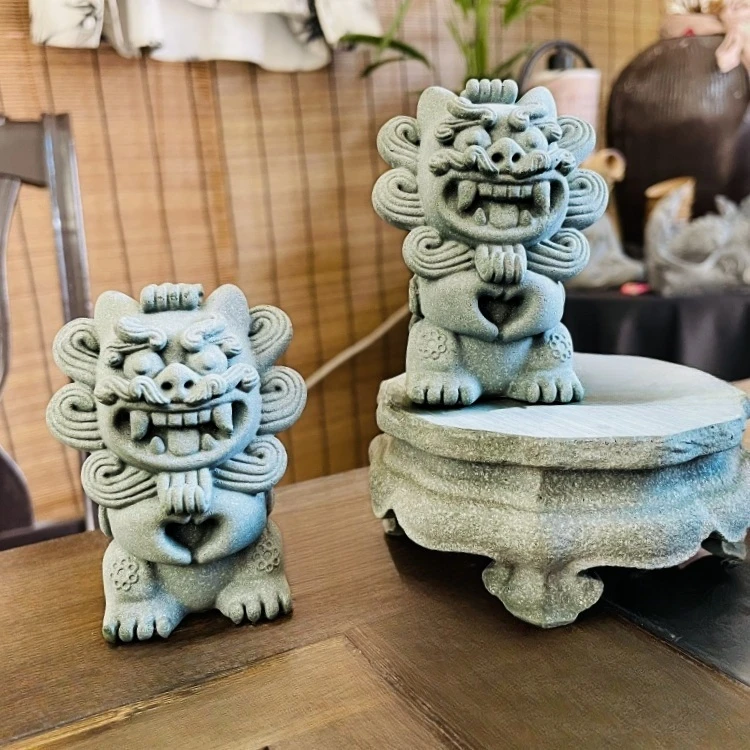 祥云福狮中式禅意青砂石茶宠摆件鱼缸造景桌面礼物
