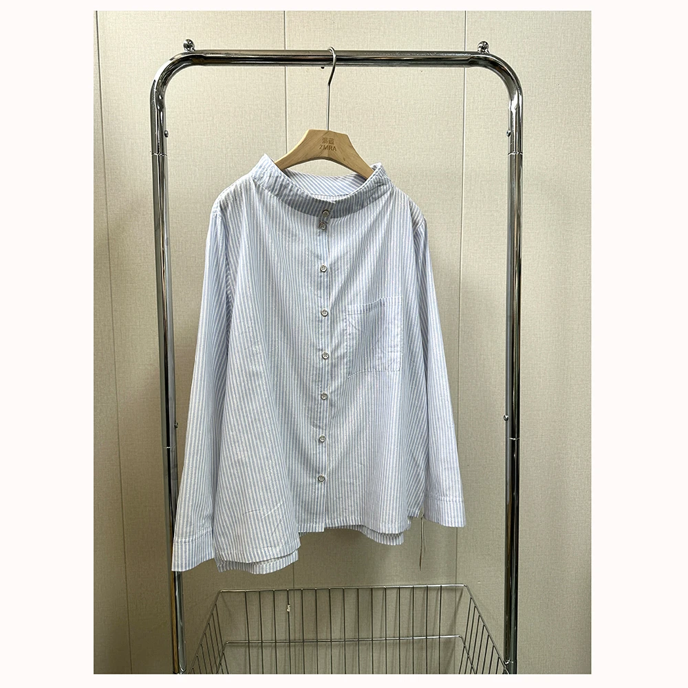 ML11729 春夏新款宽松立领长袖女士休闲条纹长袖衬衫