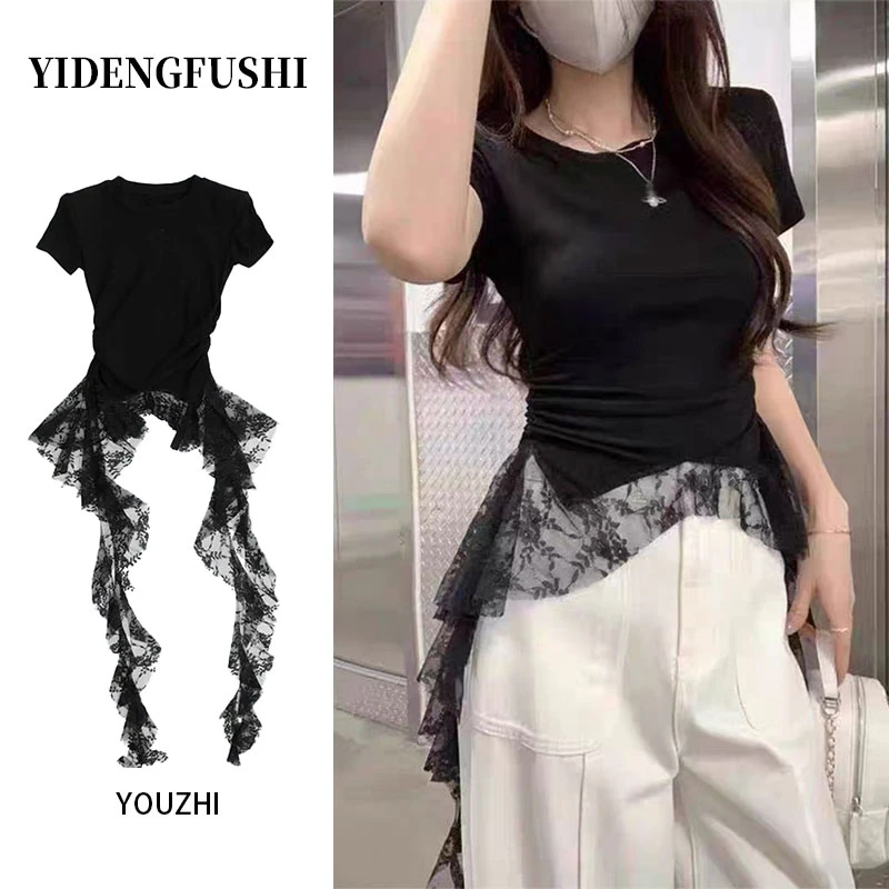 美式辣妹风不规则蕾丝飘带T恤女夏季新款褶皱收腰正肩圆领上衣