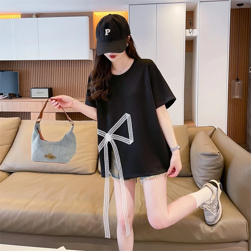 黑色蝴蝶结短袖T恤女夏2025夏季新款设计感蕾丝拼接开叉体恤上衣