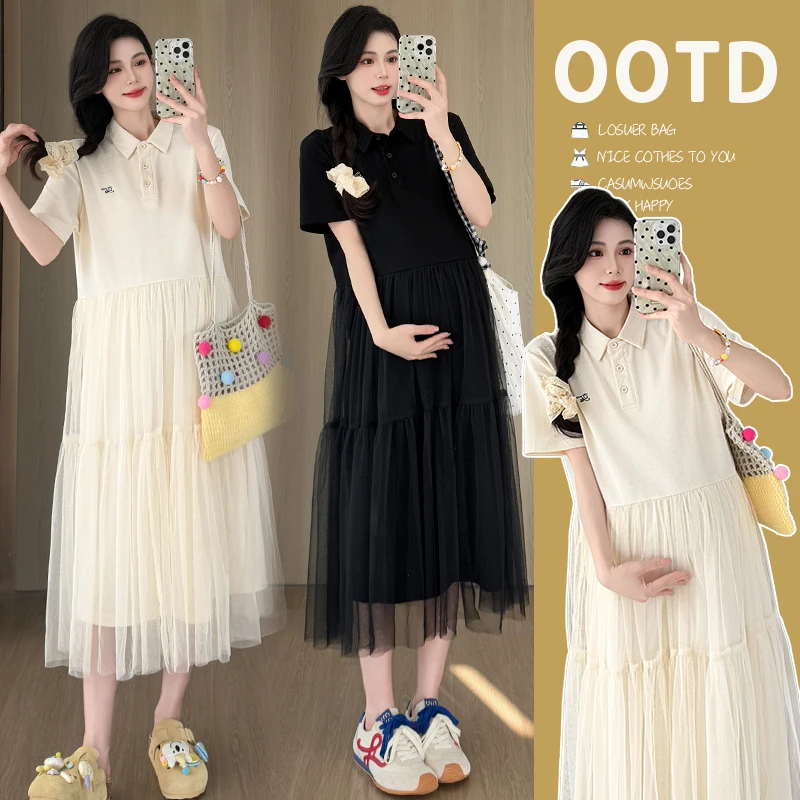 【kiki】2025新款夏季孕妇连衣裙气质拼接网纱减龄甜美可哺乳女