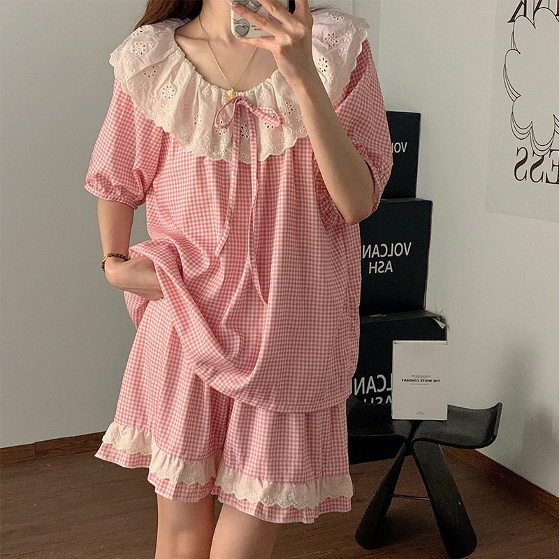 甜美睡衣女新款夏天粉色格子短袖短裤公主领宽松休闲家居服两件套