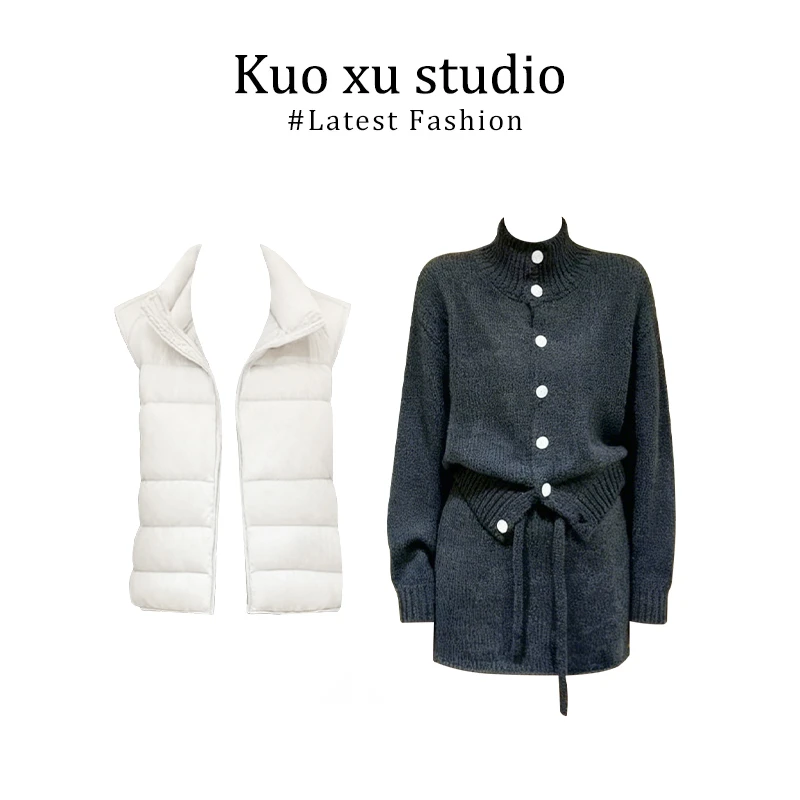 慵懒立领马甲棉服外套内搭宽松长袖针织衫上衣女秋冬休闲半身短裙