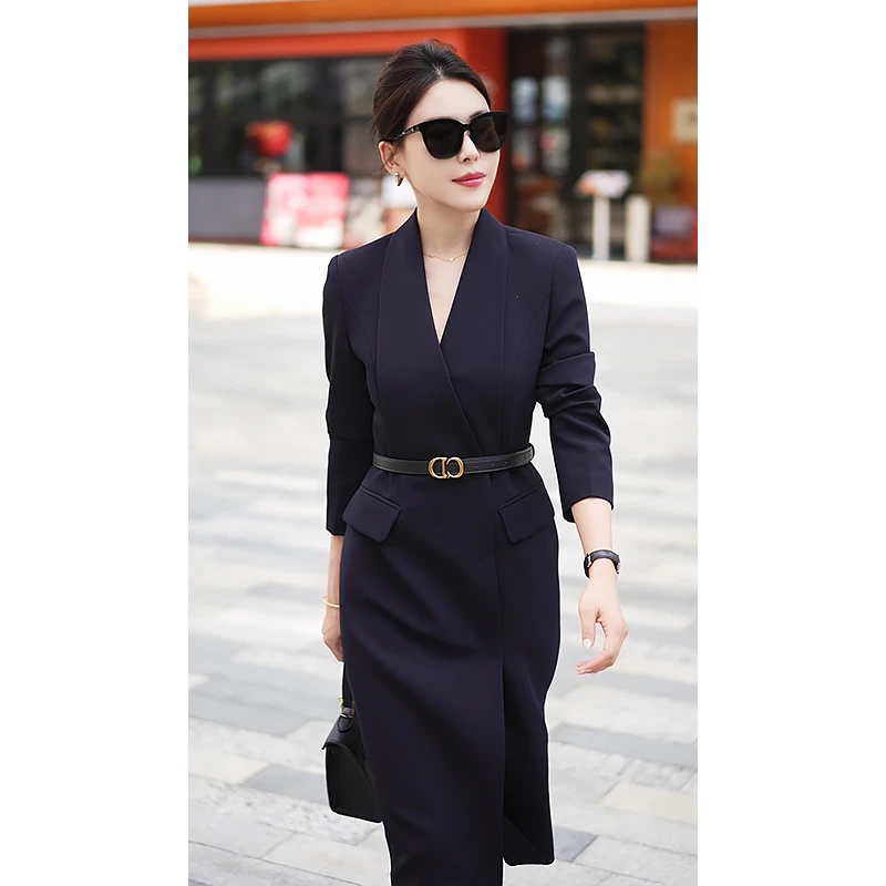 藏青色连衣裙女2025秋季新款时尚气质通勤韩系百搭收腰显瘦西装裙