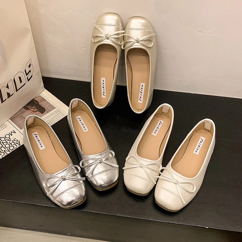 法式复古蝴蝶结芭蕾舞鞋女2025春夏圆头浅口银色配裙子奶奶单鞋女