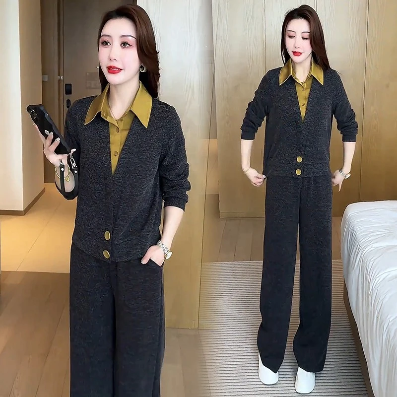 时尚休闲套装女2025春季新款洋气质显瘦假两件T恤阔腿裤两件套潮