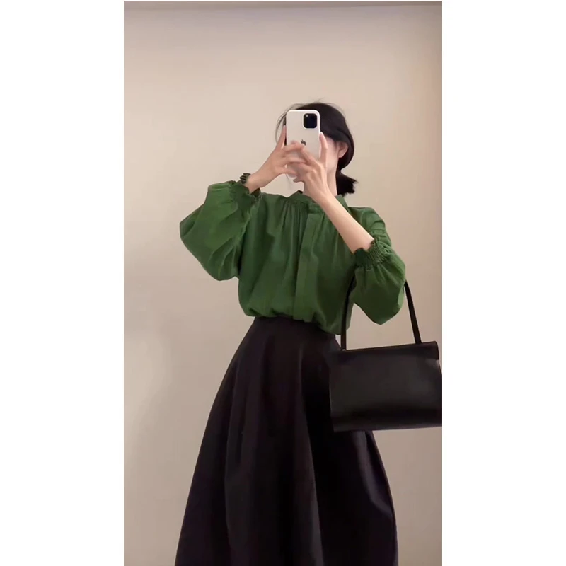早春2025新款韩系超好看轻熟风气质绿色长袖衬衫女半身裙两件套装