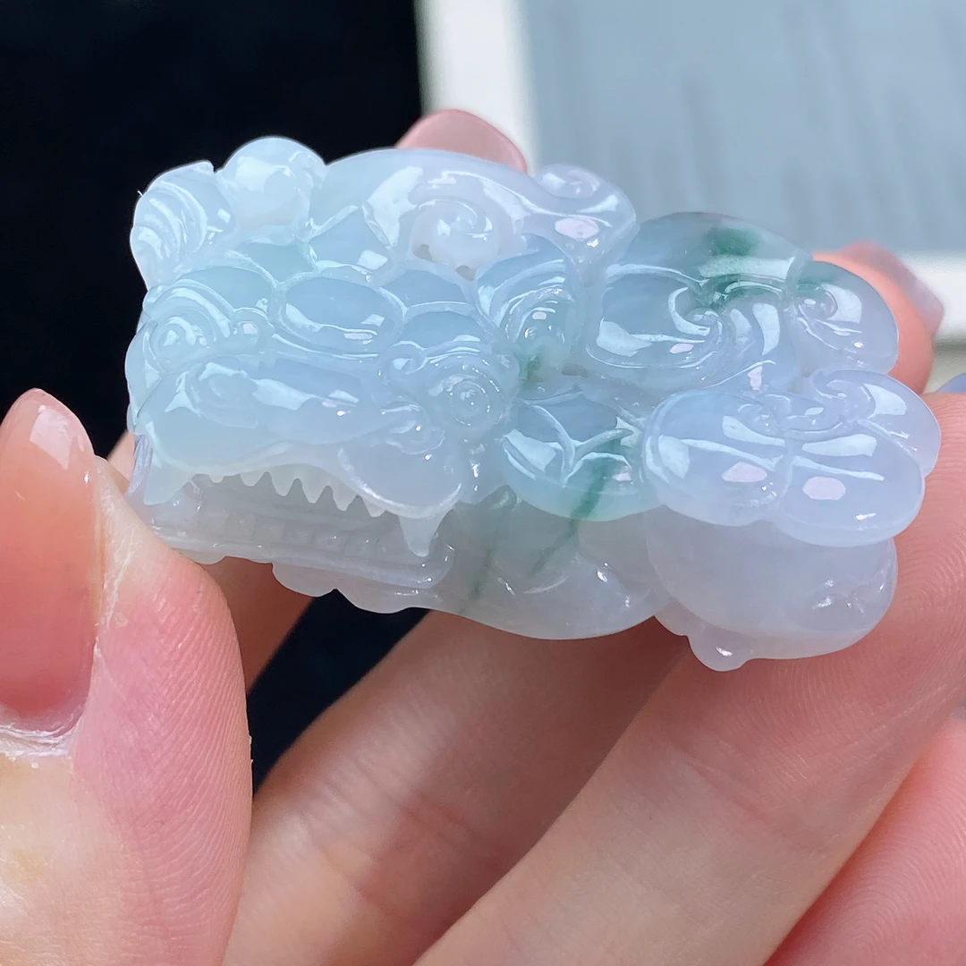 天然缅甸a货翡翠冰润飘花霸王貔貅40-24.2-12.6mm