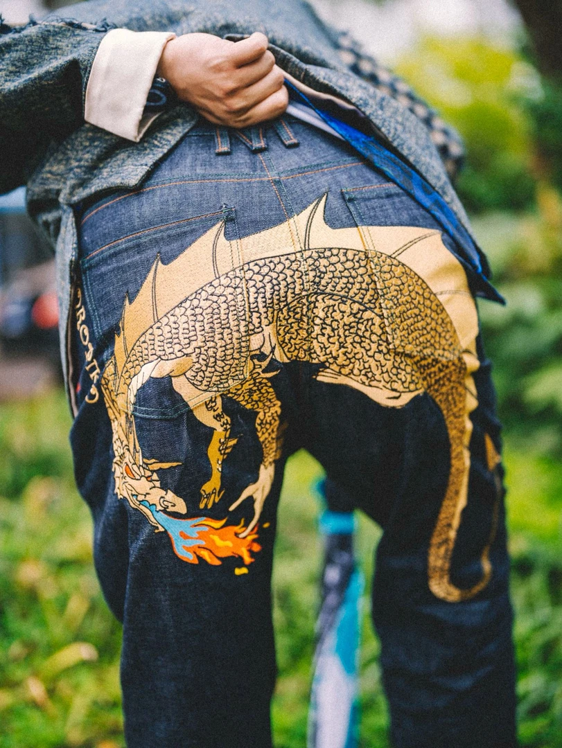 RMC金龙复古立体万针c刺绣小众HipHop街头潮流美式赤耳牛仔裤