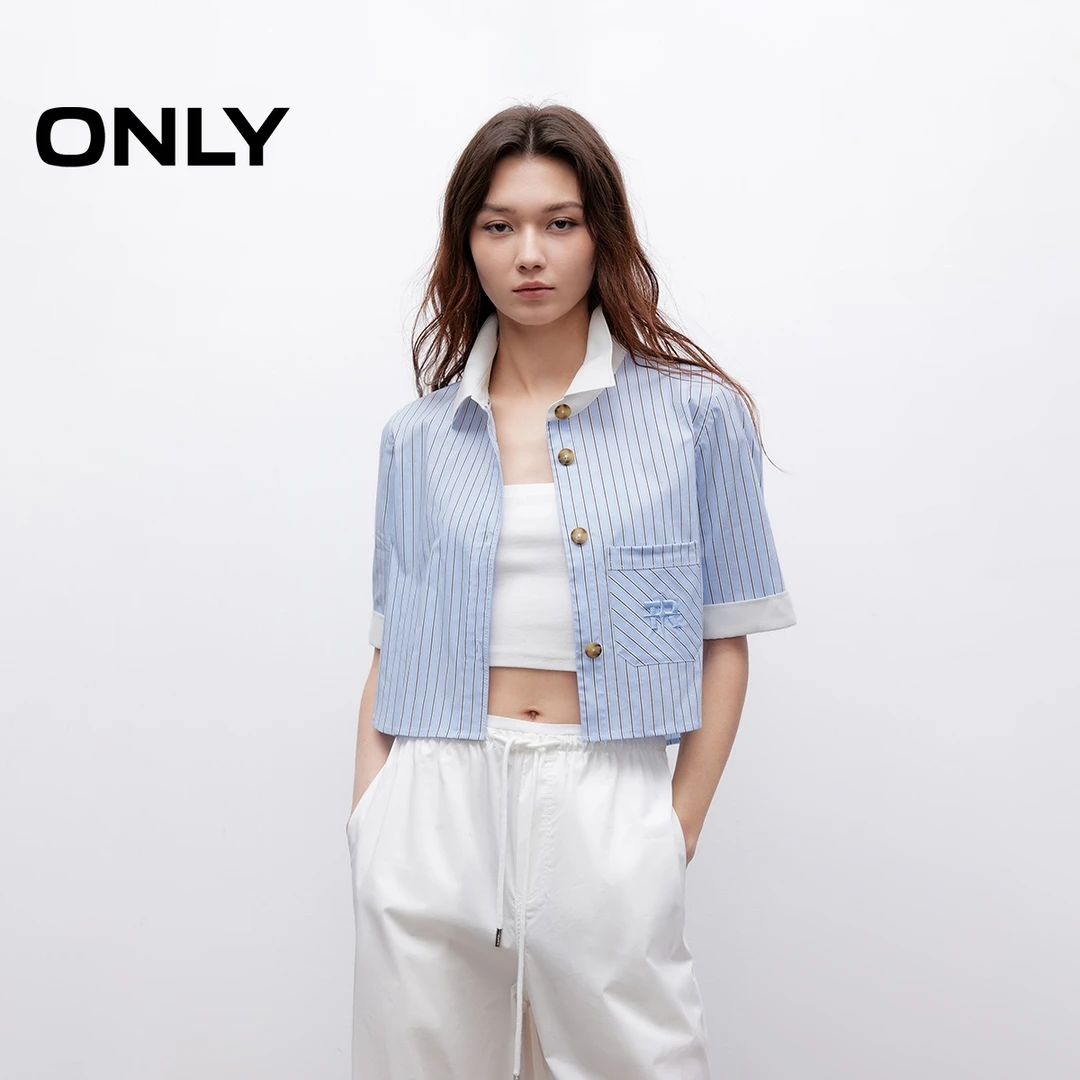 ONLY2025夏季新款经典百搭撞色条纹直筒短款衬衫女|12526V001