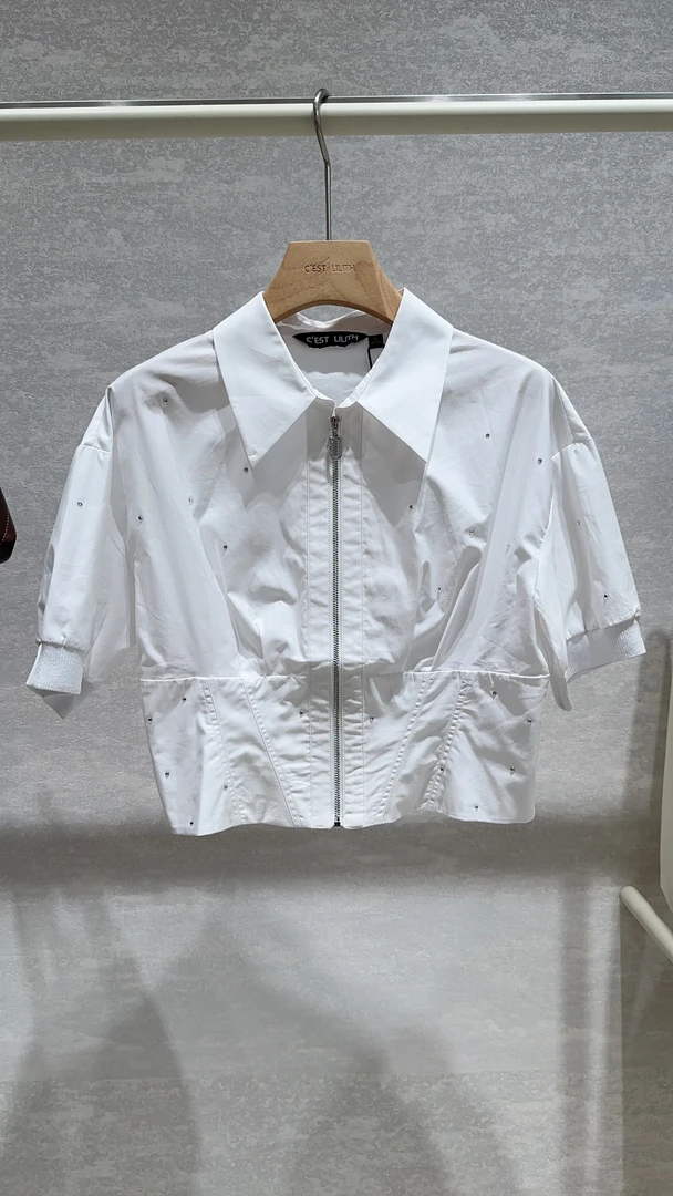 夏季白色短款短袖衬衫女休闲小众设计感上衣