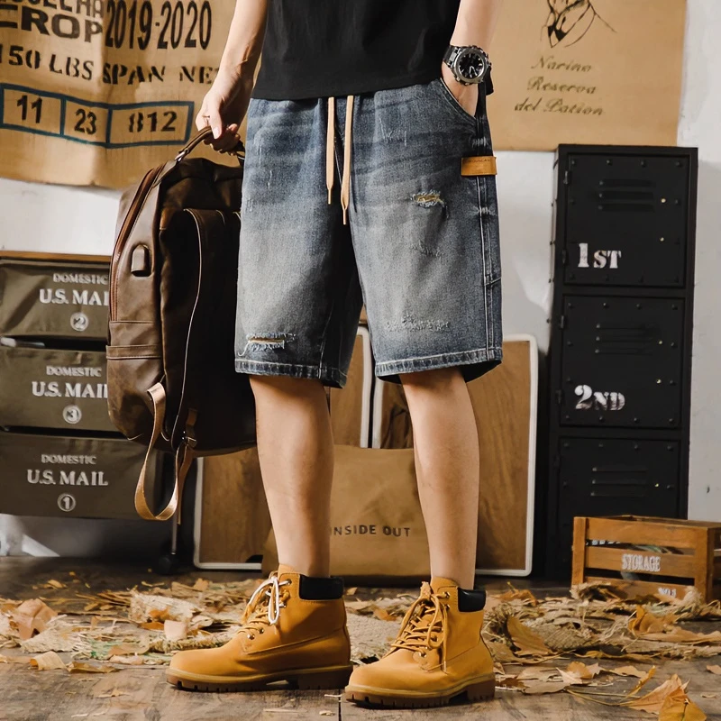 美式休闲复古乞丐破洞牛仔短裤男宽松大码痞帅五分裤夏季薄款中裤