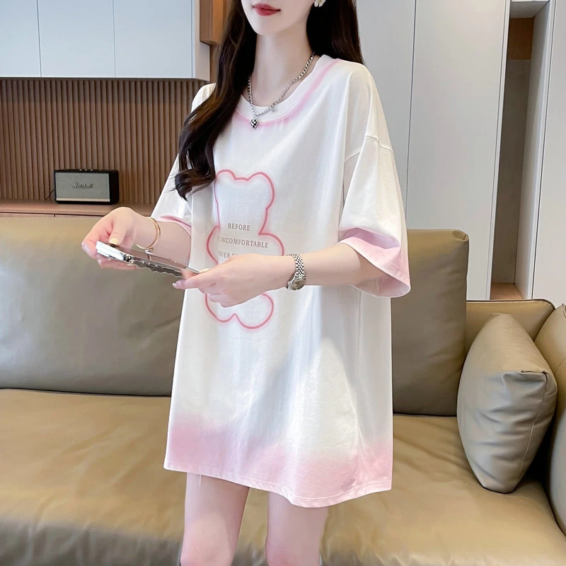 设计感小众短袖t恤女夏装2025新款宽松大码中长款遮屁股扎染上衣