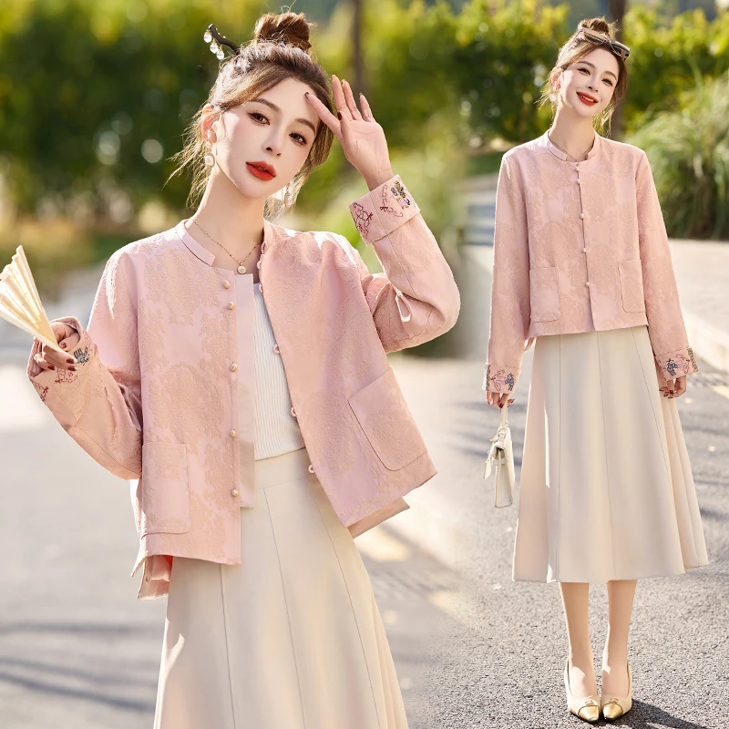 新中式国风提花短外套女2025春秋新款复古刺绣小个子洋气减龄上衣