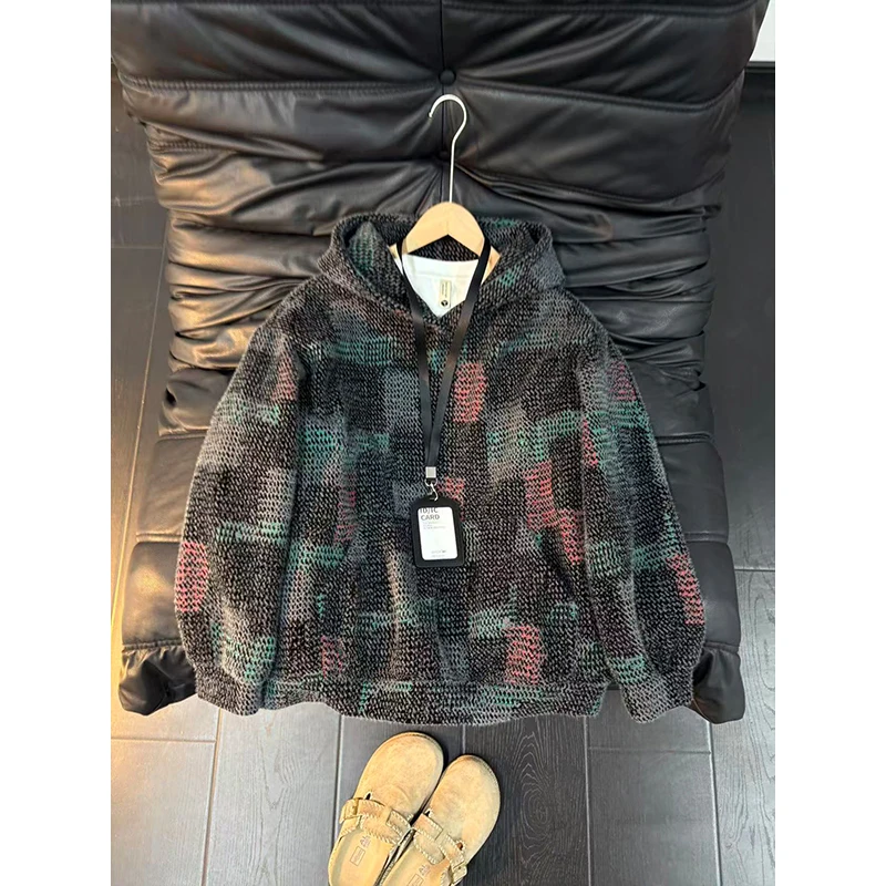 美式复古针织连帽卫衣男款秋冬cleanfit重磅毛绒外套宽松休闲上衣