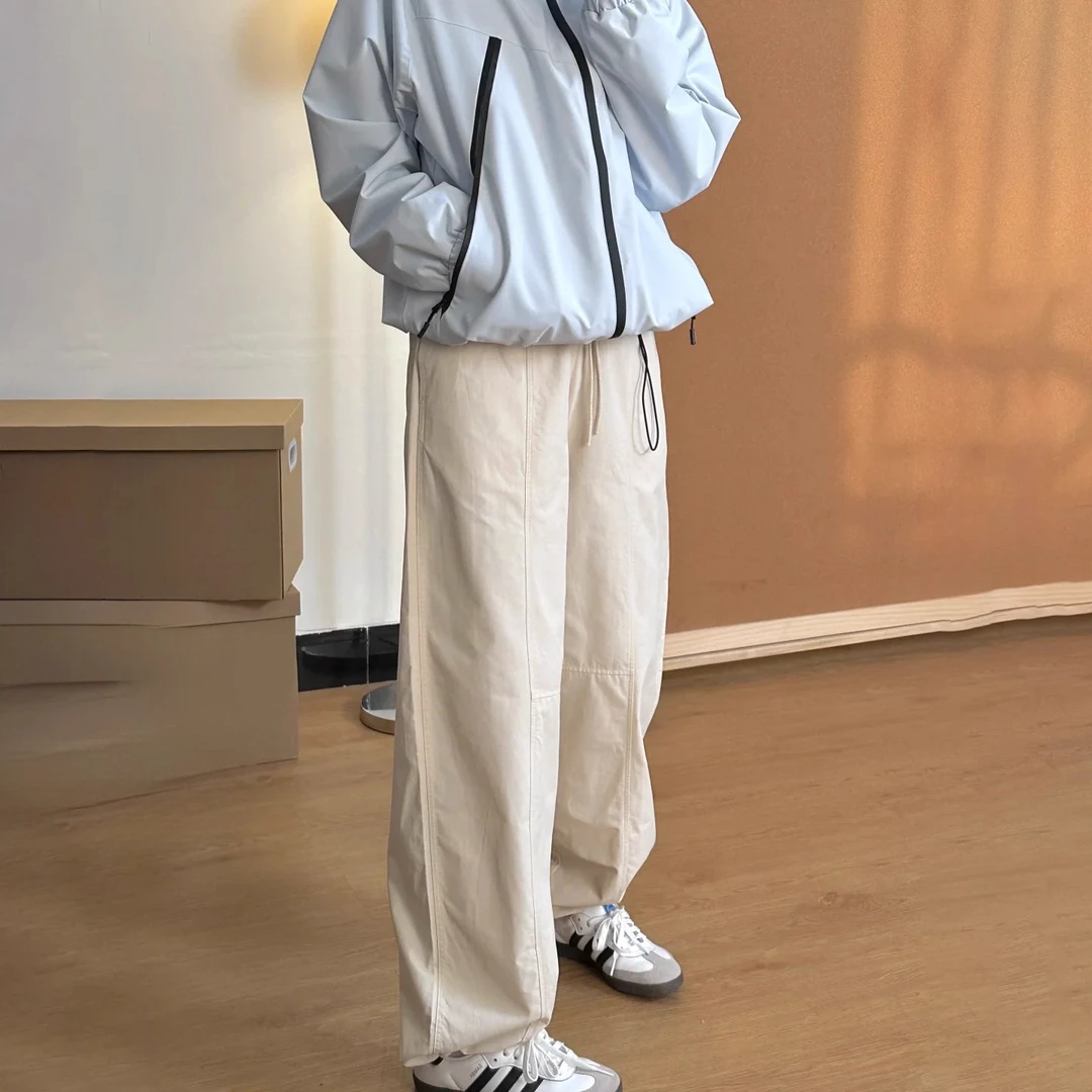 美式杏色直筒工装裤女秋季大码胖mm宽松显瘦梨形身材遮胯休闲裤子