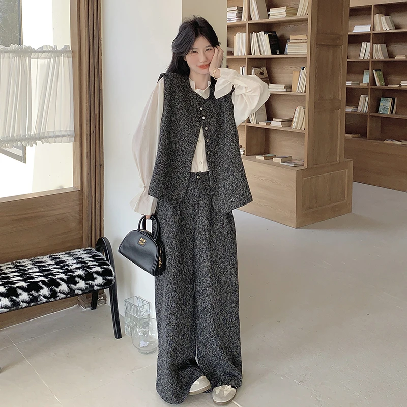 小香风套装女2025春季新款气质韩版高级感卡其色马甲阔腿裤两件套