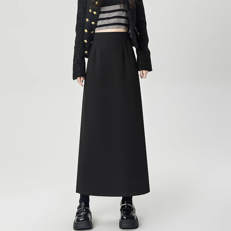 黑色高腰赫本风毛呢半身裙女秋冬新款后开叉显瘦a字裙中长款裙子