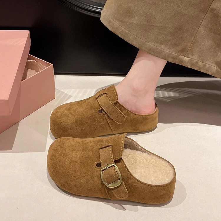 软底包头款搭扣磨砂皮女修面皮秋冬网头拖厚底