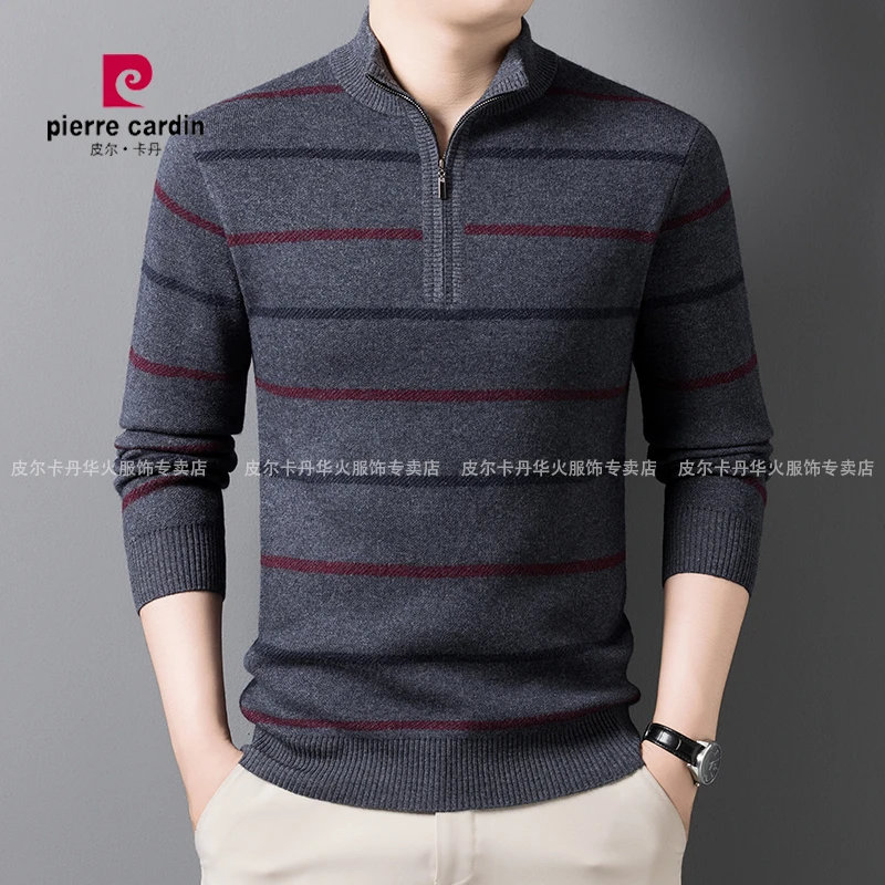 皮尔卡丹100%山羊绒条纹高档中年25年冬新款休闲保暖加厚男羊绒衫
