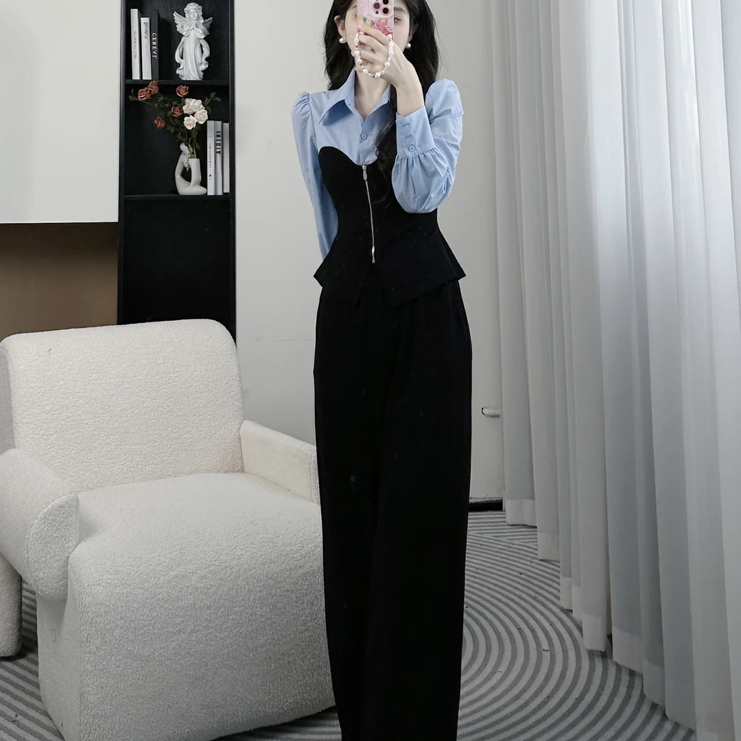 拉夏贝尔25春夏通勤凤高级设计显瘦减龄拼接衬衫+裤子 10323 SXJ