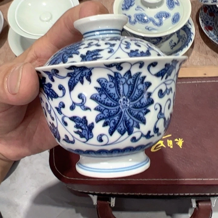 瓷片白青花缠枝莲云池盖碗全