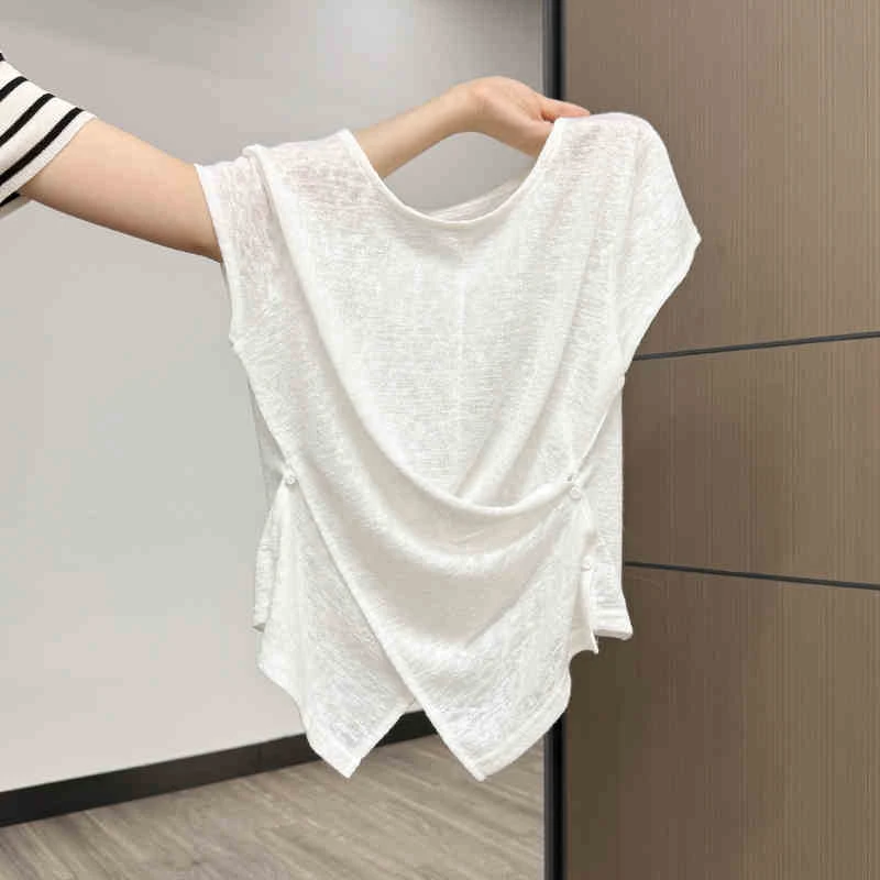 白色雪花棉微透圆领短袖t恤女夏季新款纽扣设计感修身显瘦上衣潮