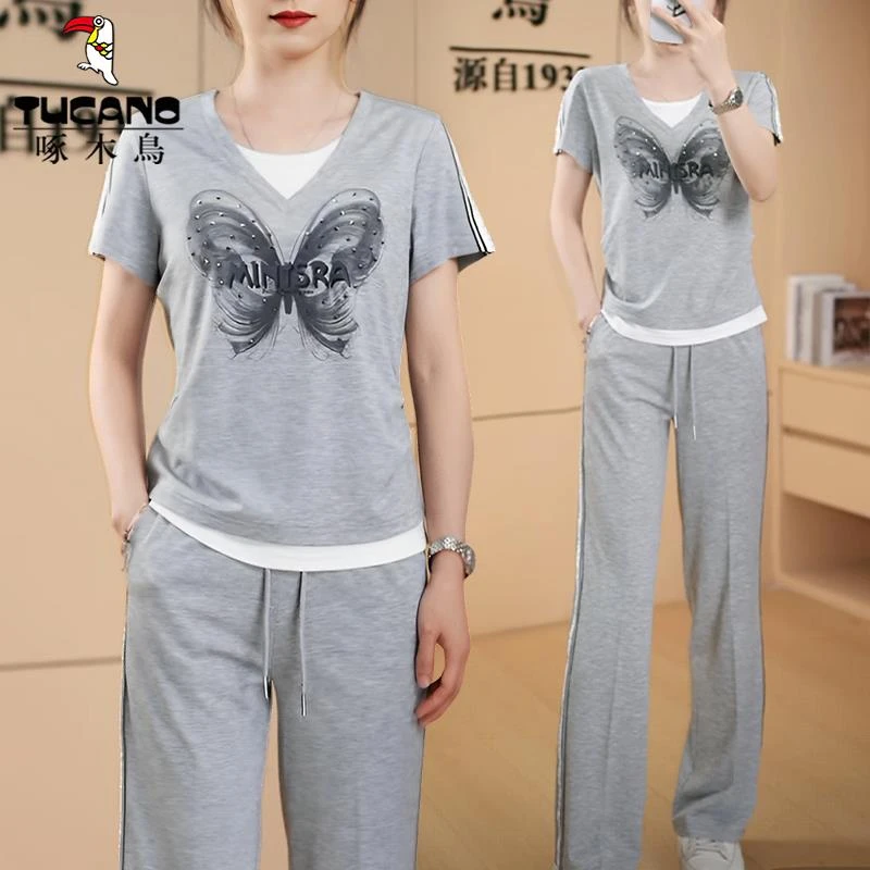 啄木鸟冰丝女士运动服套装2025新款女装夏季蝴蝶短袖休闲裤两件套