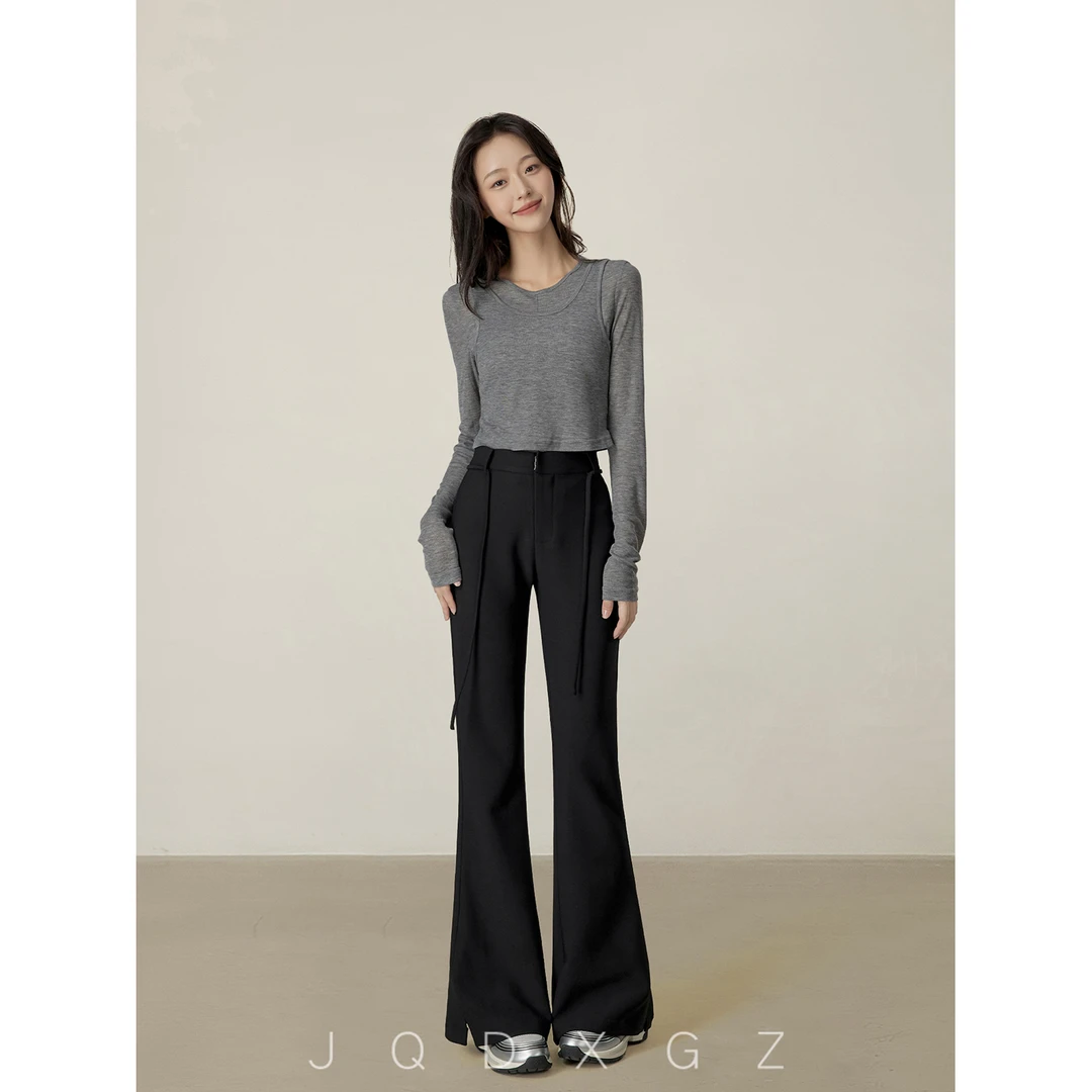 崛起的小个子黑色喇叭裤女2025新款春季休闲西裤设计感西装微喇裤