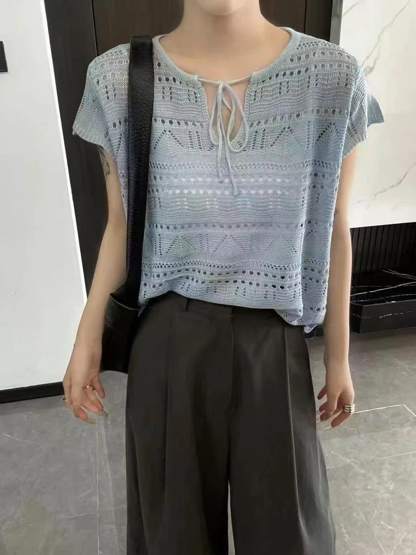 韩系甜美镂空系带针织衫女夏季2024新款韩版设计感减龄短袖上衣潮