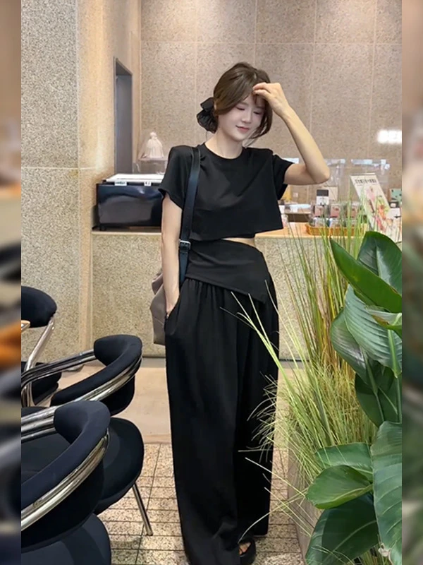 韩版小众不撞款气质短袖上衣阔腿长裤2025夏季新款简约时髦两件套