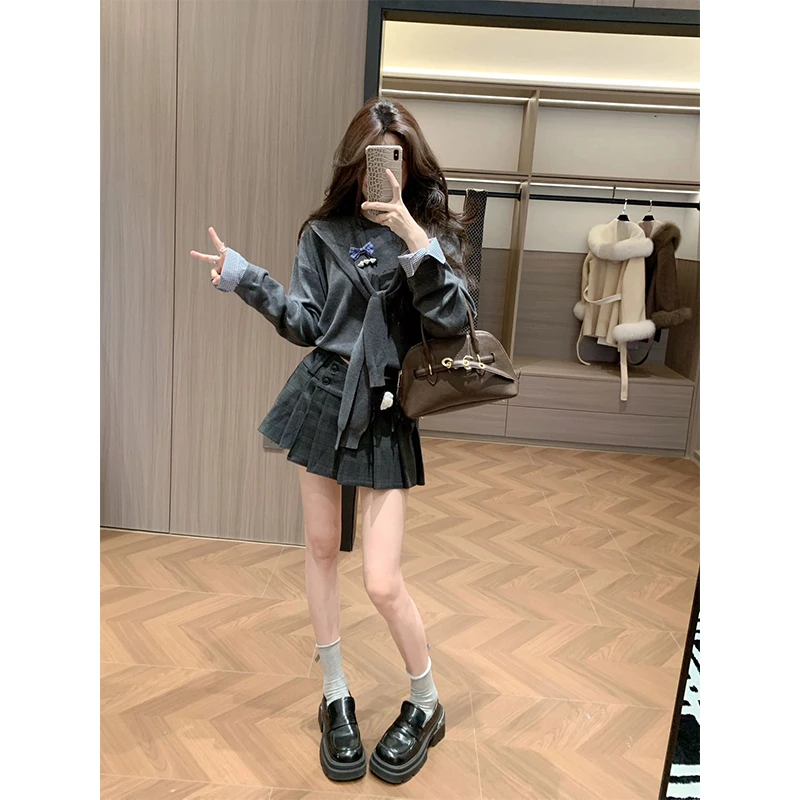 小香风设计拼接针织上衣女装时尚气质高腰格纹半身裙百褶短裙套装